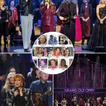 They Thought the Show Was Over—Then 50 Country Legends Did the Unthinkable for Texas. Just as the final note faded and the curtain began to fall, something no one expected happened. Reba, Garth, Carrie, Vince Gill, Trisha, Lady A, and over 50 Grand Ole Opry icons quietly returned to the stage—not for an encore, not for applause, but for something heartbreakingly real. In complete silence, they locked arms and sang “Will the Circle Be Unbroken,” dedicating the soul-stirring harmony to the victims of the devastating Texas flood. No lights. No cameras. Just tears, raw voices, and a single candle glowing at center stage. Audience members were seen openly weeping, whispering, “This wasn’t a performance… it was a prayer.”