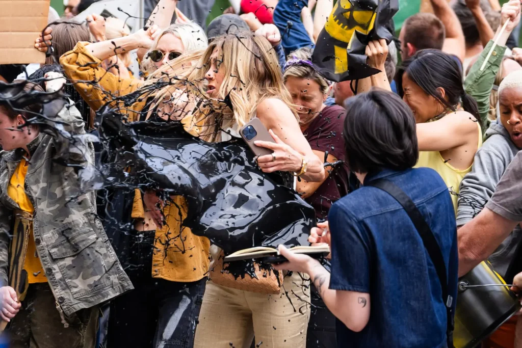 Jennifer Aniston gets fake oil thrown at her while filming ‘The Morning Show’: set photos